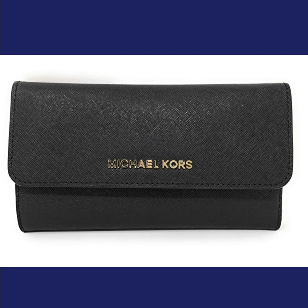 Michael Kors Jet Set Travel Large Trifold Wallet Black Saffiano Leather - Picture 1 of 5